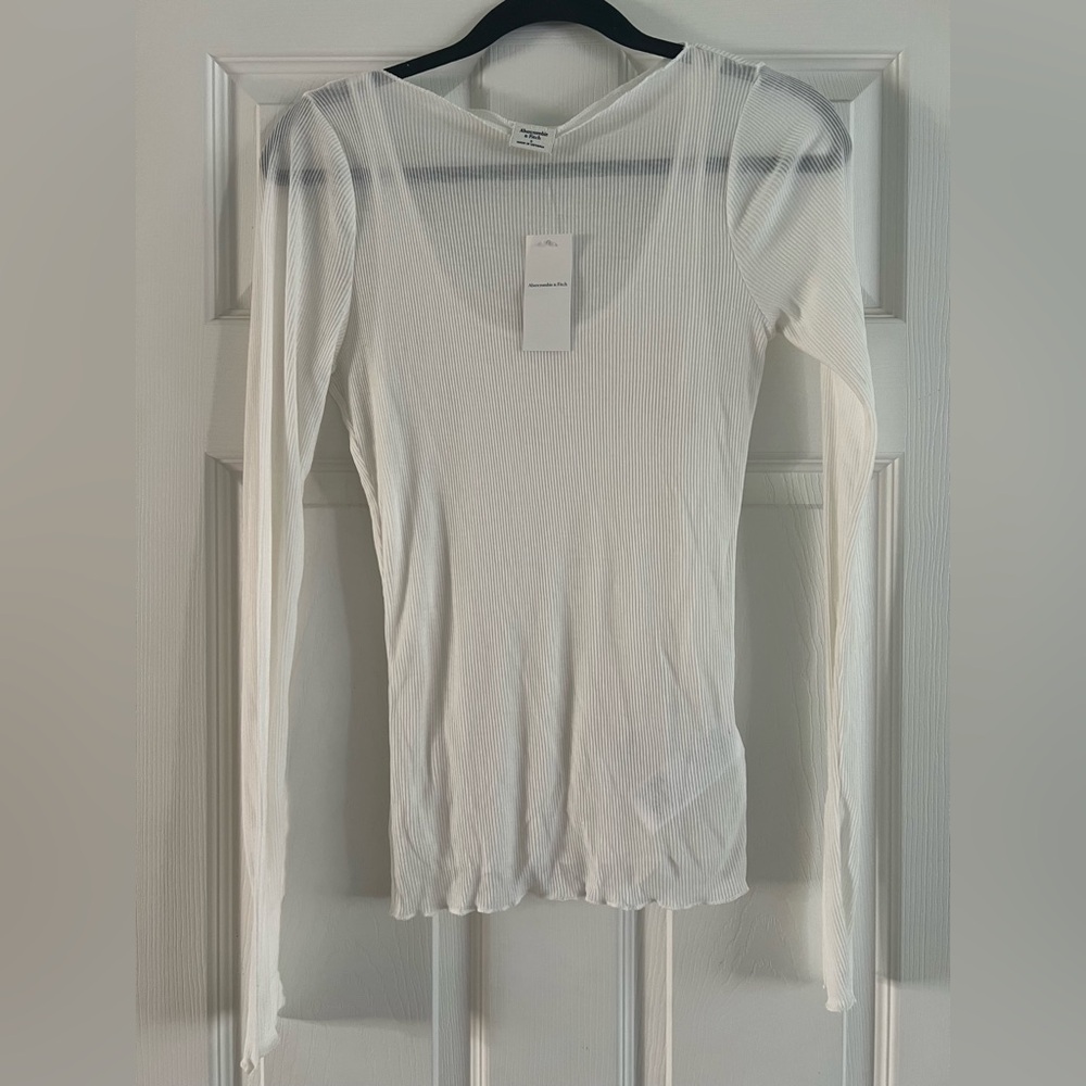 Abercrombie & Fitch White Fitted Long Sleeve Sheer Rib Slash Top NWT